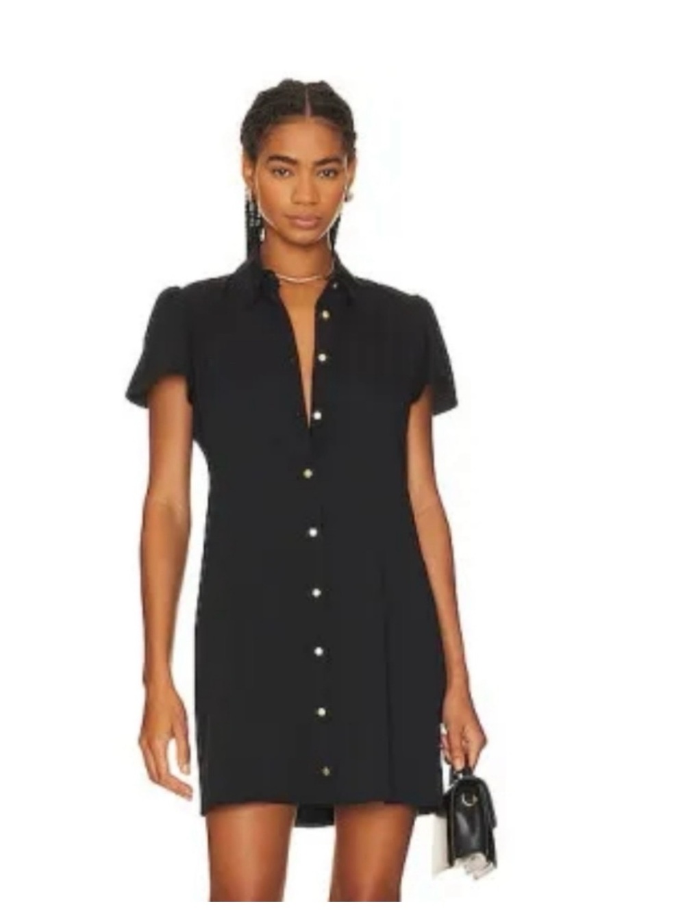 Amanda Uprichard Black Short Sleeve Button-Front Mini Heddy  Dress
